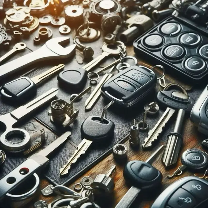 Keys, tools, and key fobs used across Tuscaloosa locksmith jobs