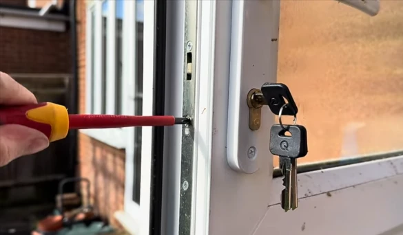 Locksmith working on a door frame after keys were lost with no spare